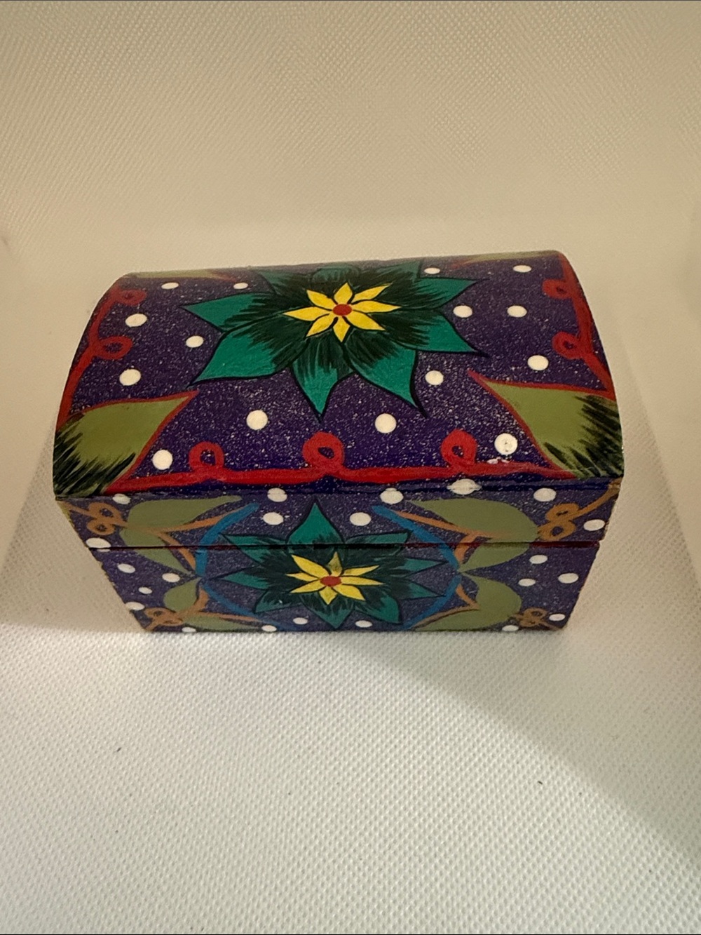 Hand-Painted Decorative wooden Trinket Box - Purple with Green Floral Accents